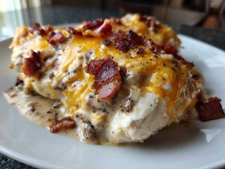 Amazing 1-Pan Mississippi Mud Chicken Recipe Two servings of Mississippi Mud Chicken smothered in creamy sauce, melted cheddar cheese, and topped with crispy bacon bits.