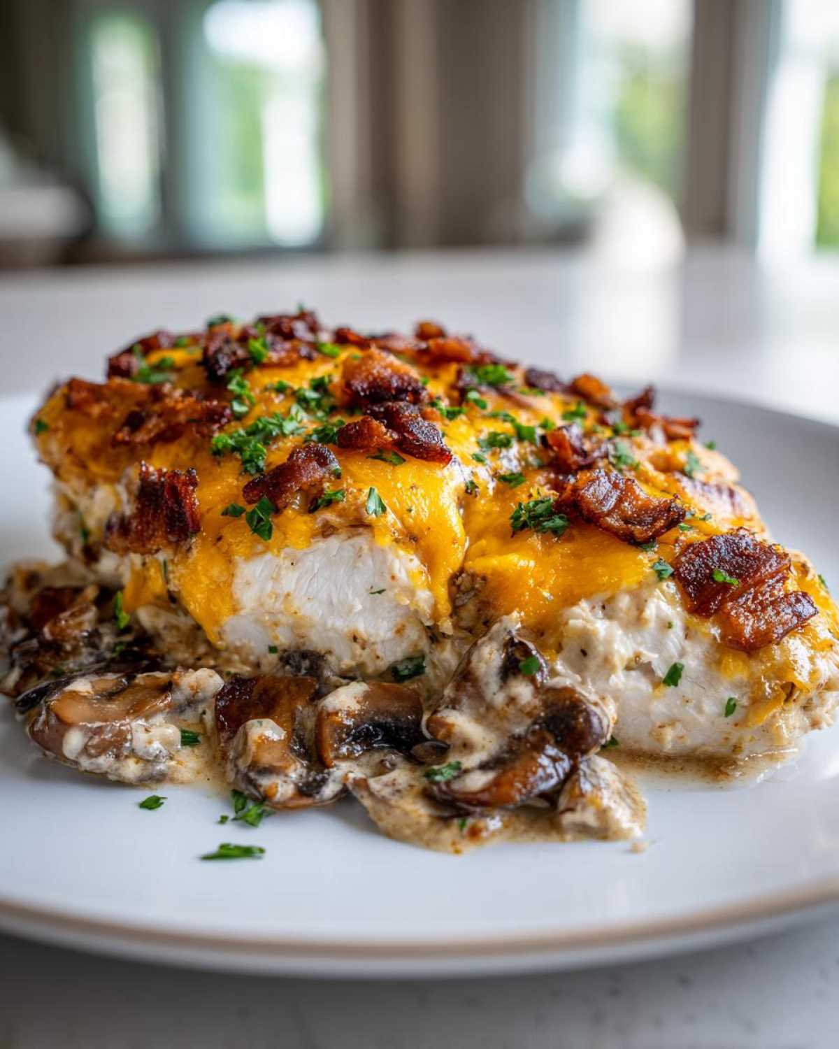 Close-up of Mississippi Mud Chicken topped with melted cheddar cheese, crispy bacon, and parsley, served over creamy mushrooms.