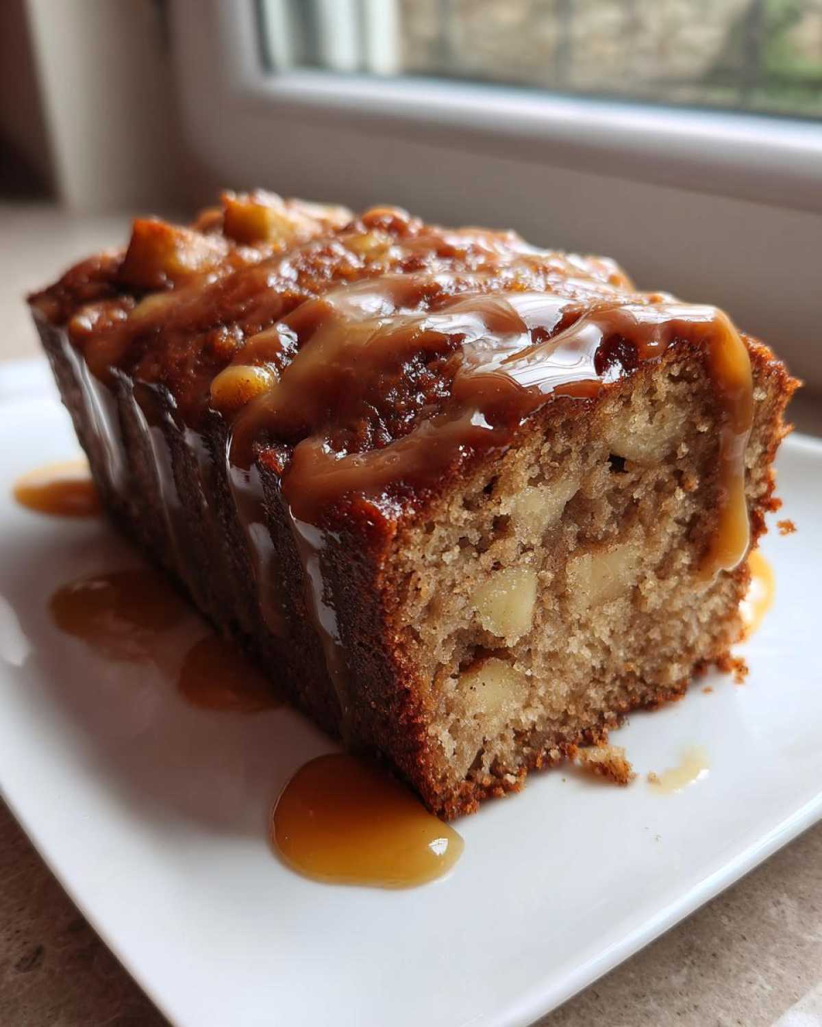 A moist slice of apple dapple cake topped with a thick caramel sauce, served on a white plate.
