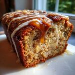 Close-up of a moist slice of apple dapple cake drizzled with caramel and vanilla icing.