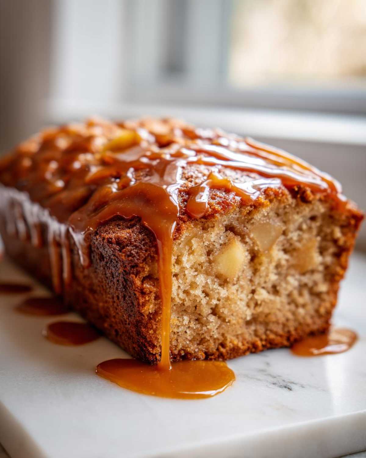 Close-up of a moist apple dapple cake loaf with chunks of apple visible, heavily drizzled with rich caramel sauce.