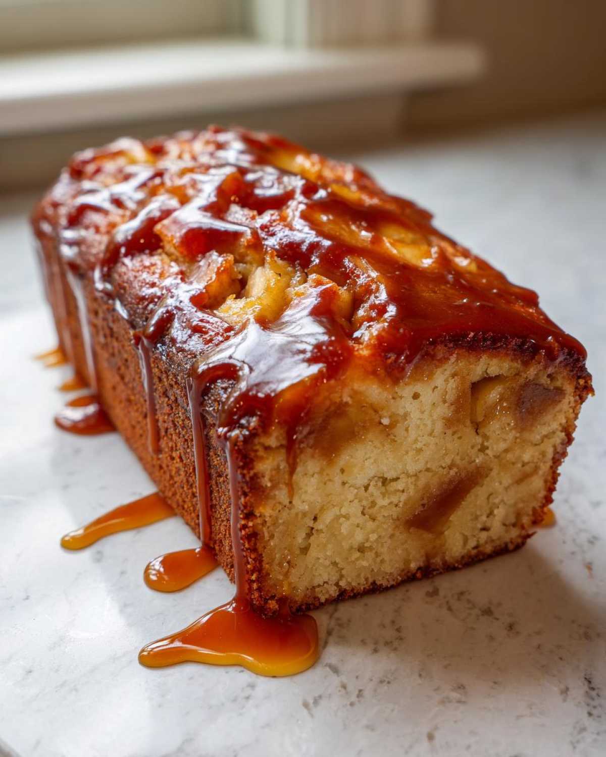 A loaf of moist apple dapple cake topped with chunks of baked apple and dripping with thick caramel sauce.