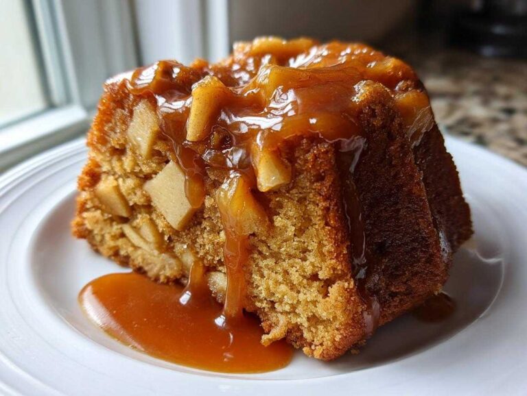 A close-up of a moist slice of apple dapple cake topped with rich caramel sauce and visible apple chunks.