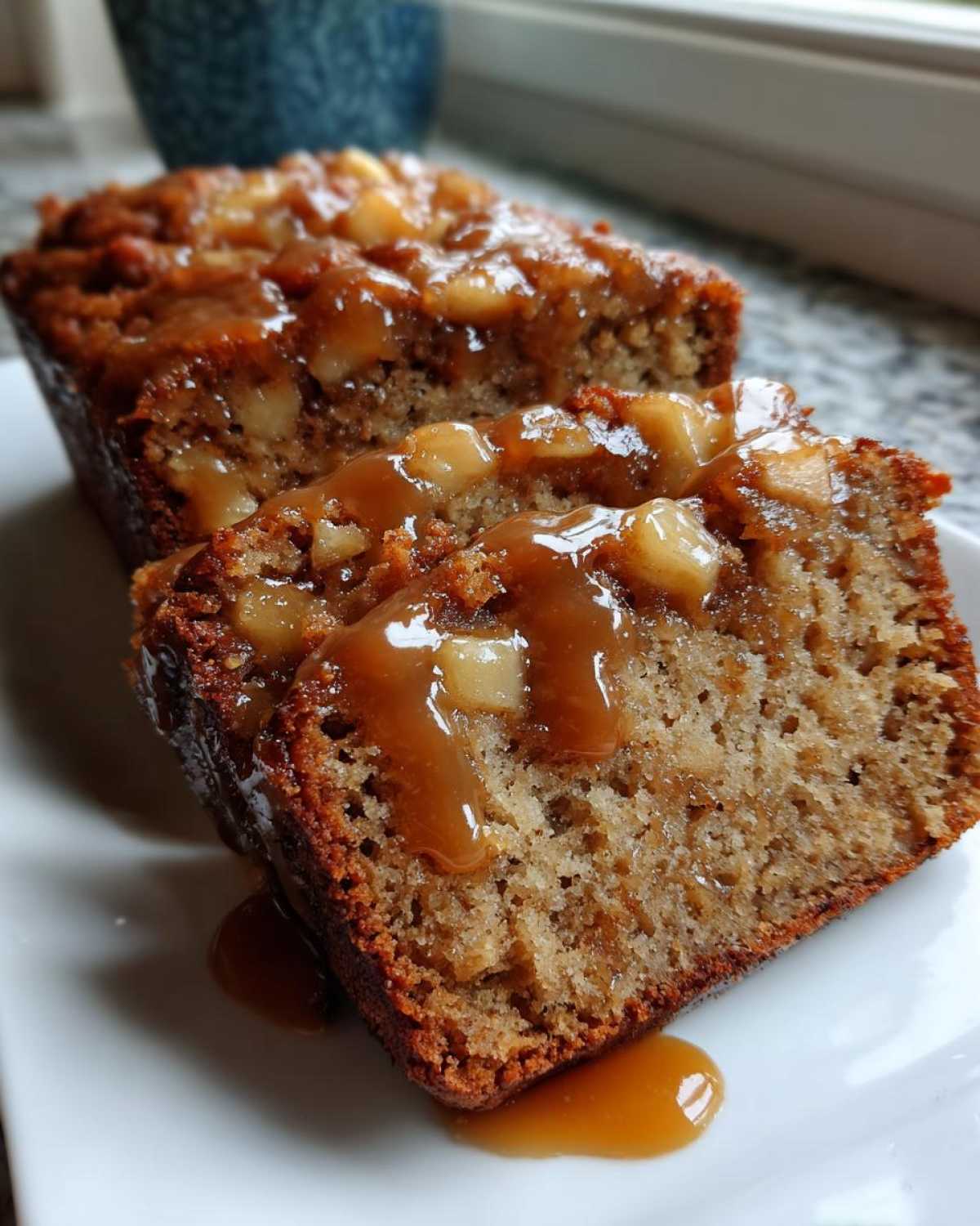 Close-up of moist slices of apple dapple cake topped with caramelized apples and rich caramel sauce.