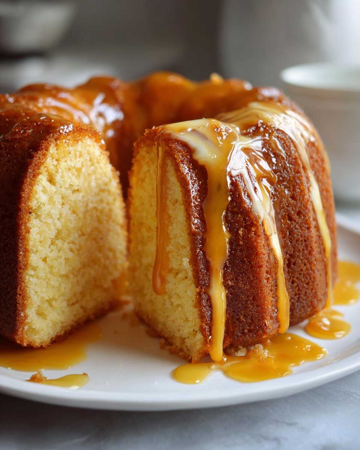 Close-up of a slice cut from a moist bacardi rum cake, heavily drizzled with a thick, golden caramel glaze.