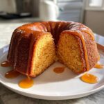 A moist bacardi rum cake, shaped like a bundt cake, cut in half and generously drizzled with a shiny caramel-colored glaze.