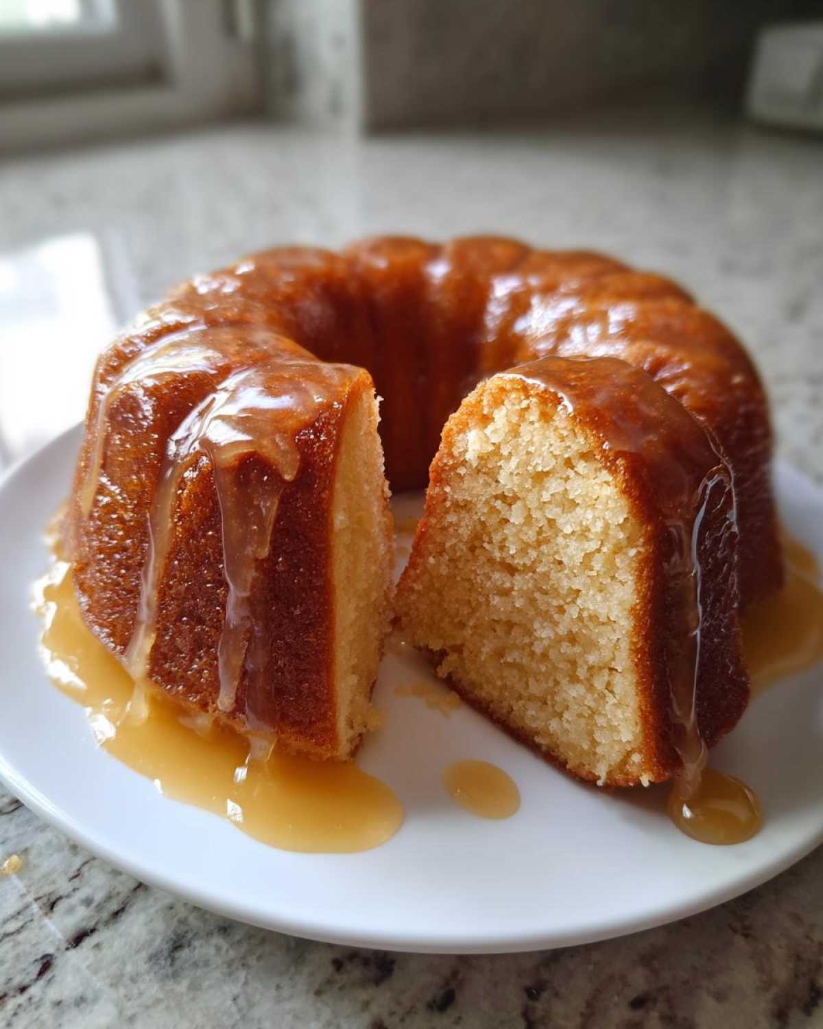A slice cut from a moist bacardi rum cake, covered in a thick, dripping caramel glaze.