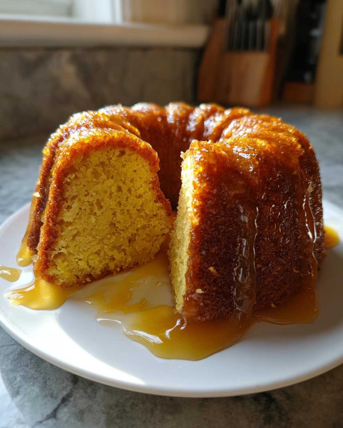 A moist bacardi rum cake, bundt style, with a thick rum glaze dripping onto a white plate, showing the crumb texture.