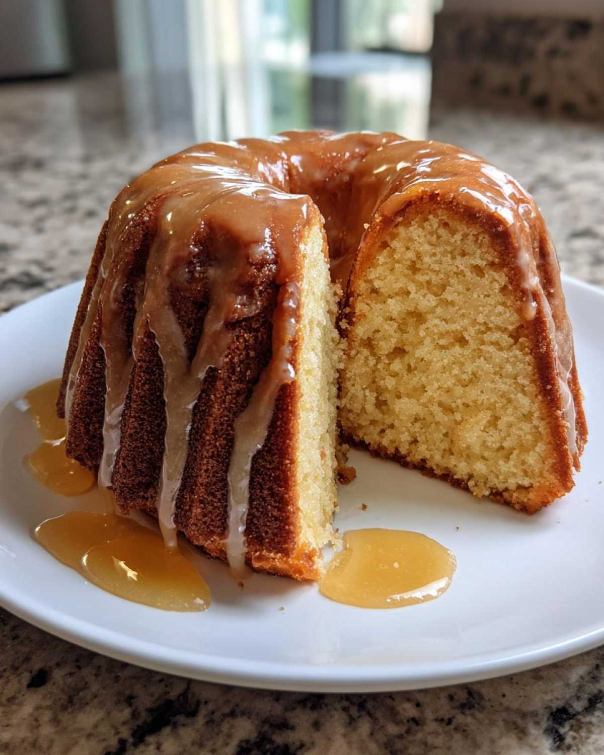 A slice cut from a moist bacardi rum cake, drizzled with a thick caramel glaze on a white plate.