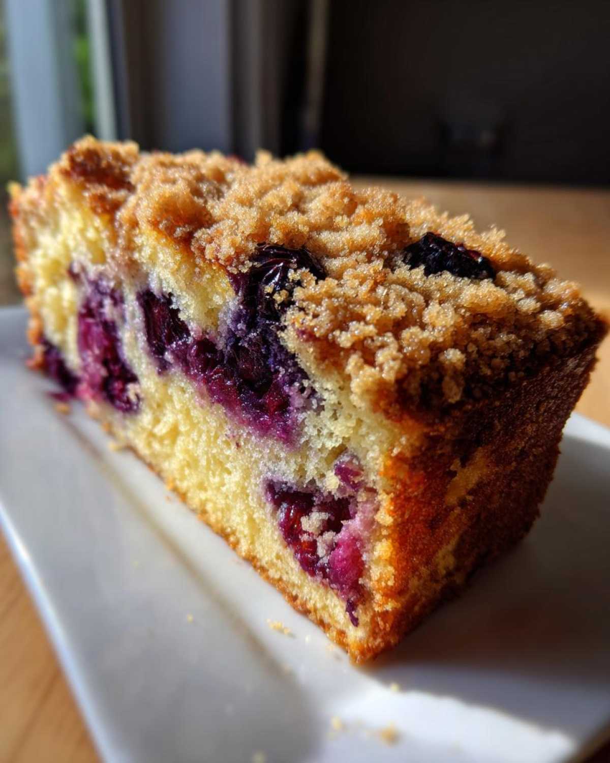 Close-up of a moist cake slice, likely a plum cake variation, featuring bright purple berries and a golden crumb topping.