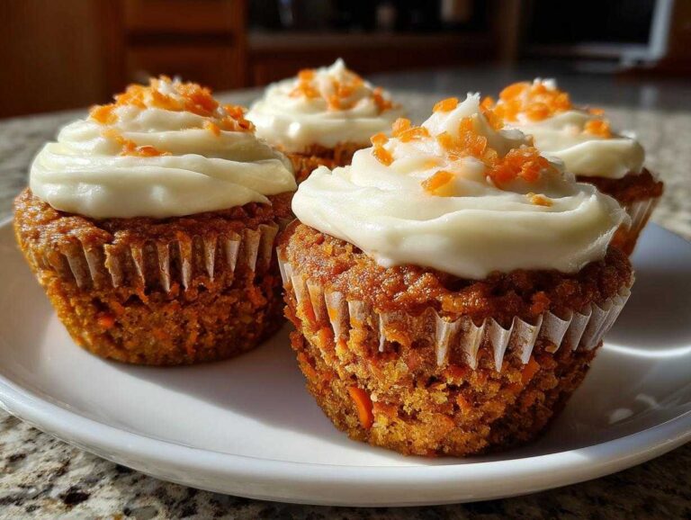 Four moist carrot cake muffins topped with thick cream cheese frosting and shredded carrot sprinkles.