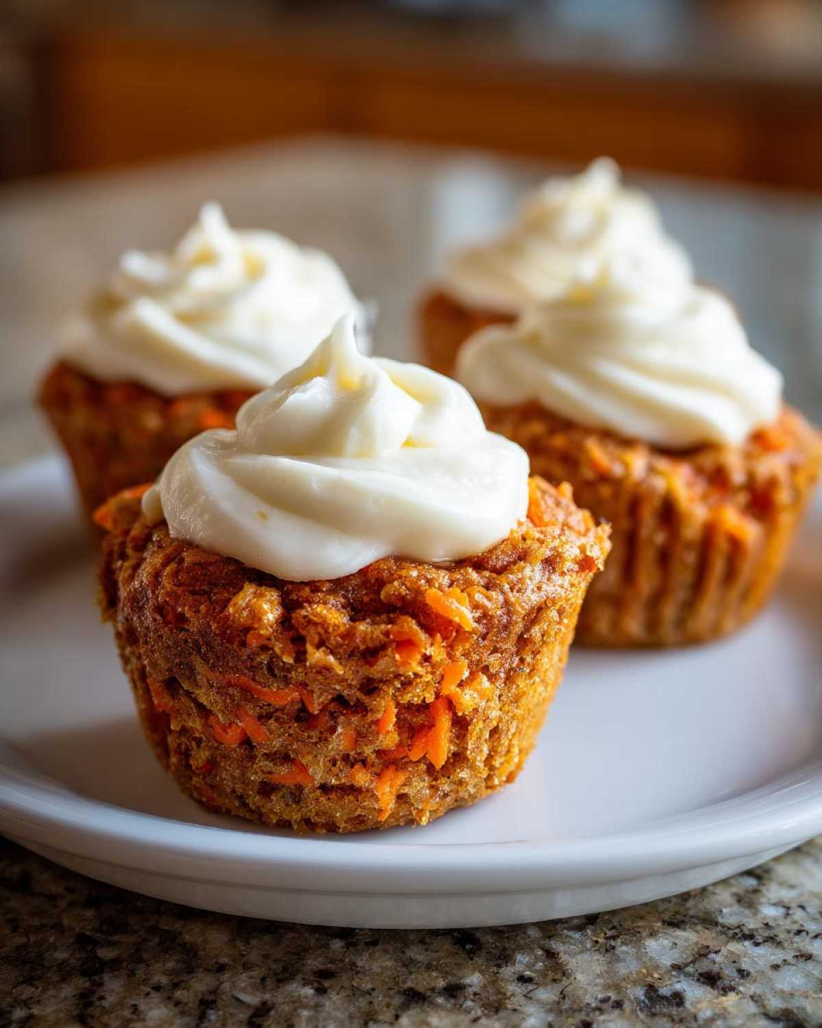 Close-up of three moist carrot cake muffins topped with swirls of cream cheese frosting on a white plate.