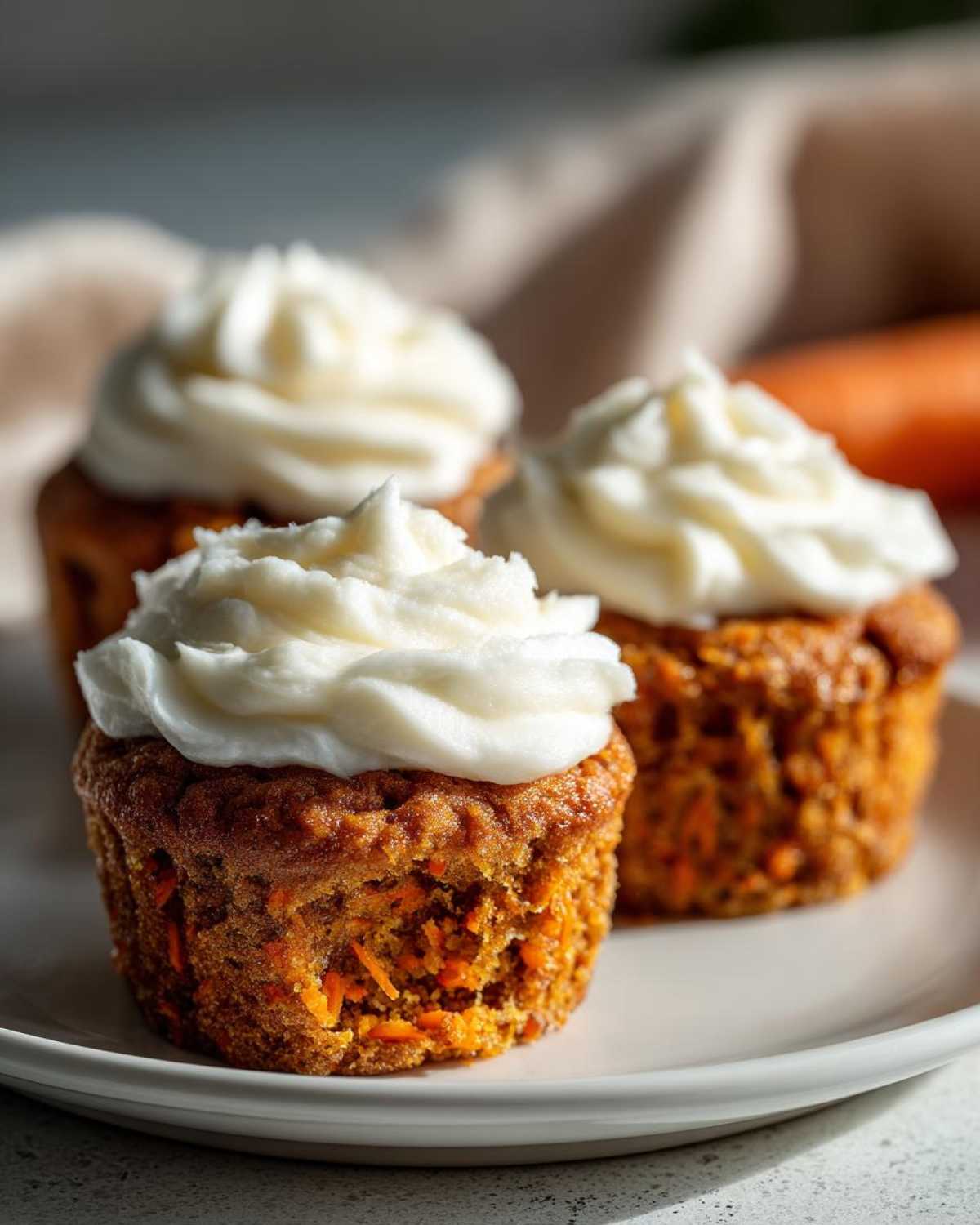Close-up of three moist carrot cake muffins topped with thick swirls of cream cheese frosting on a white plate.