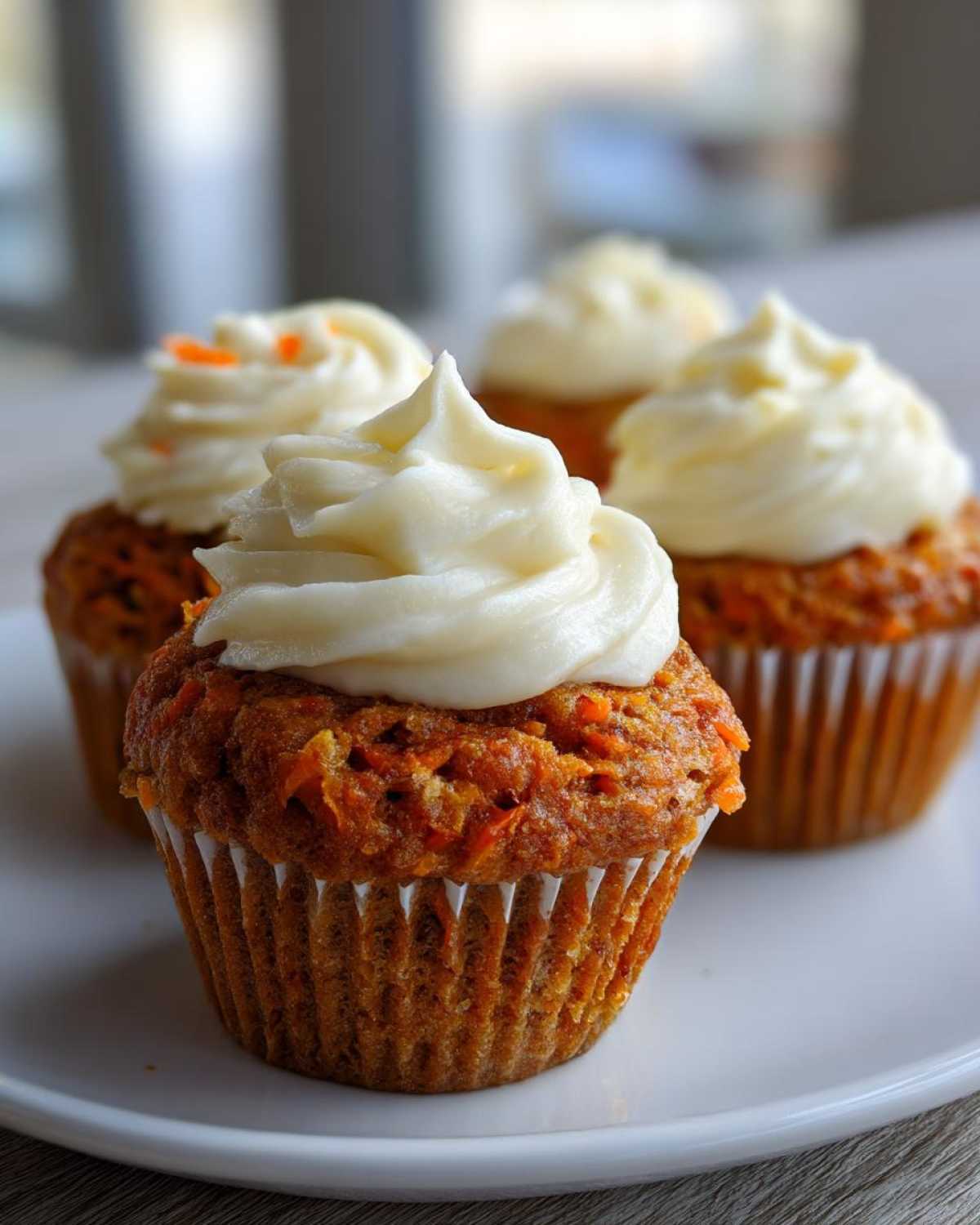Close-up of a moist carrot cake muffin topped with thick cream cheese frosting, with more carrot cake muffins blurred in the background.