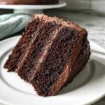 Close-up of a moist, dark slice of three-layer chocolate cake with rich chocolate frosting.