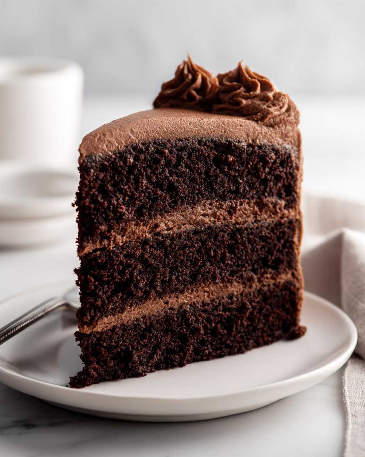 A tall, moist slice of three-layer chocolate cake with rich chocolate frosting and piped swirls on top.