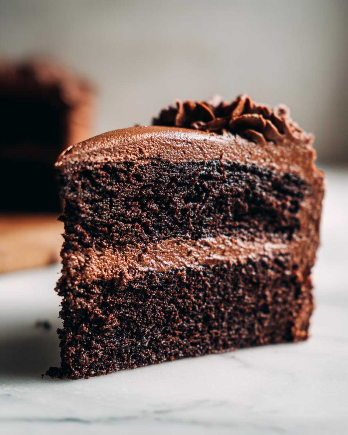Close-up of a moist slice of rich chocolate cake with two layers and thick chocolate frosting.