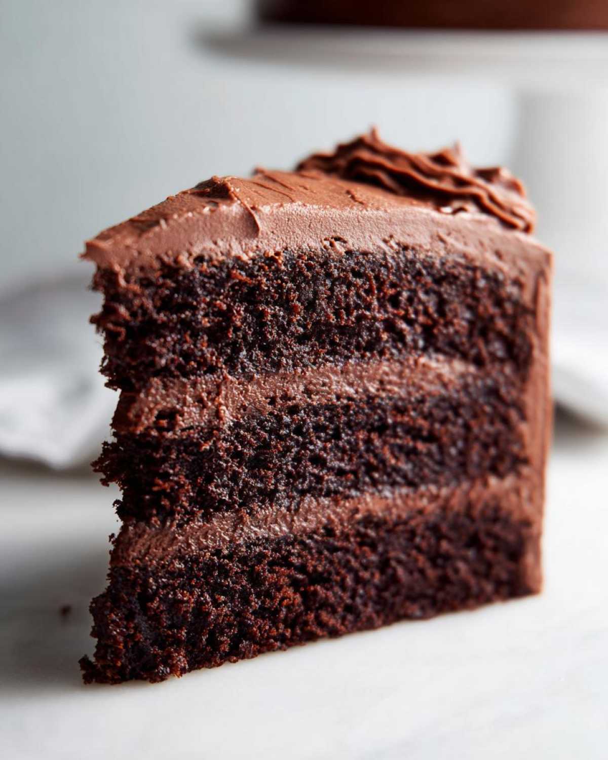 Close-up of a moist, three-layer chocolate cake slice with rich chocolate frosting.