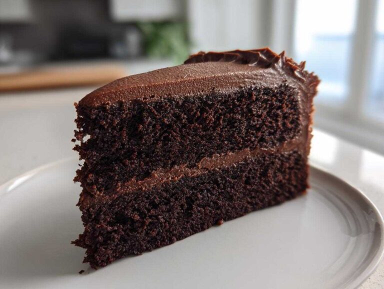 A close-up of a perfectly moist slice of two-layer chocolate cake with thick chocolate frosting.