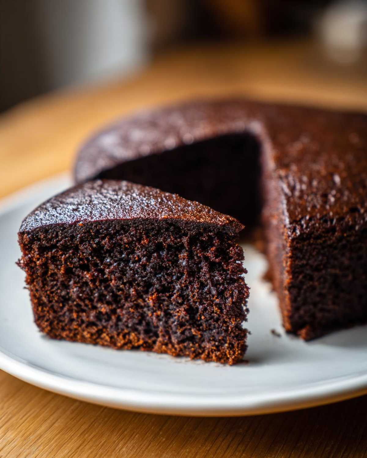 A slice of incredibly moist chocolate cake dusted with powdered sugar, sitting next to the rest of the cake.