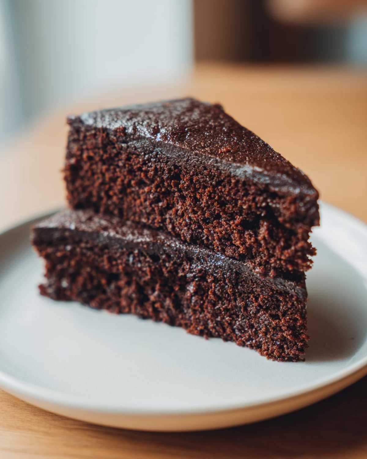 Two stacked slices of incredibly moist chocolate cake with dark, rich frosting on a light plate.