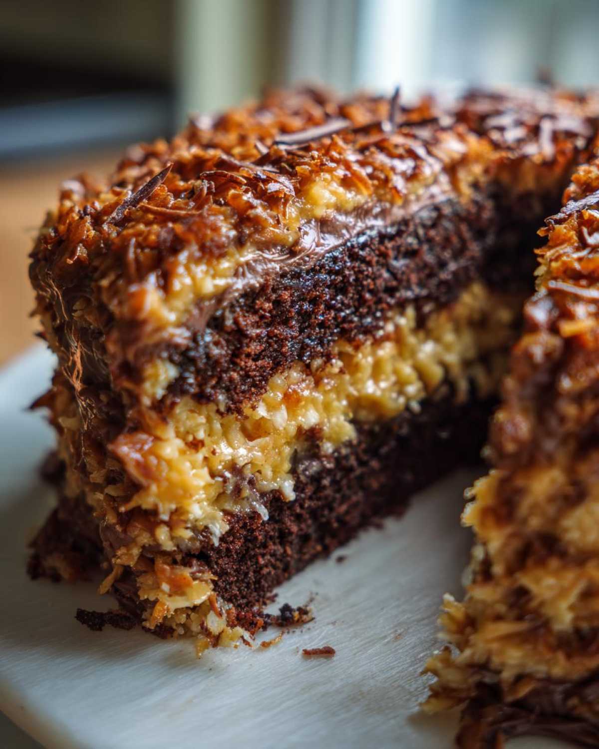A close-up view of a rich, multi-layered german chocolate cake with coconut-pecan frosting.