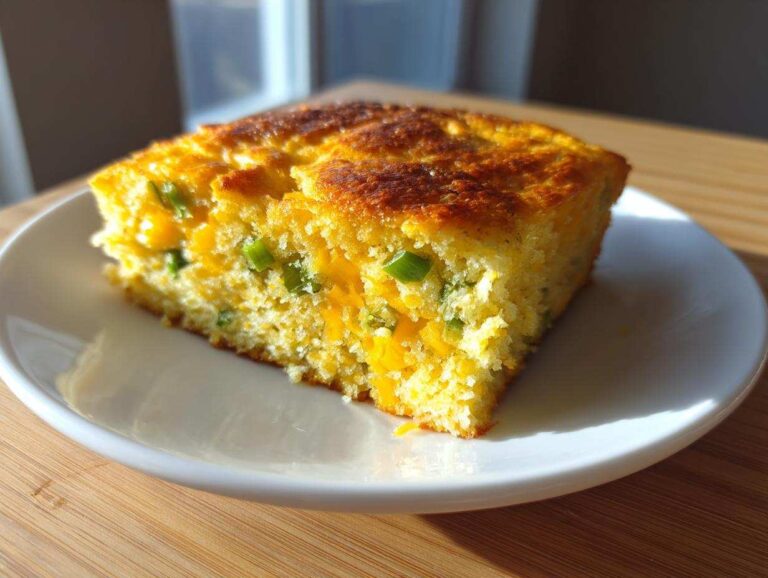 Best moist mexican cornbread with 2 chili secrets A moist slice of Mexican cornbread studded with melted cheddar cheese and green jalapeño pieces, served on a white plate.