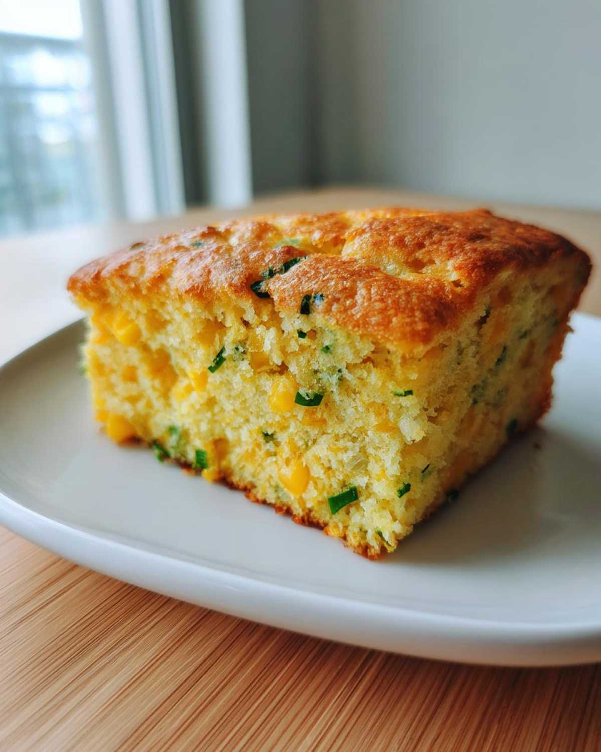 A close-up of a moist slice of Mexican cornbread, studded with yellow corn kernels and green herbs, served on a white plate.