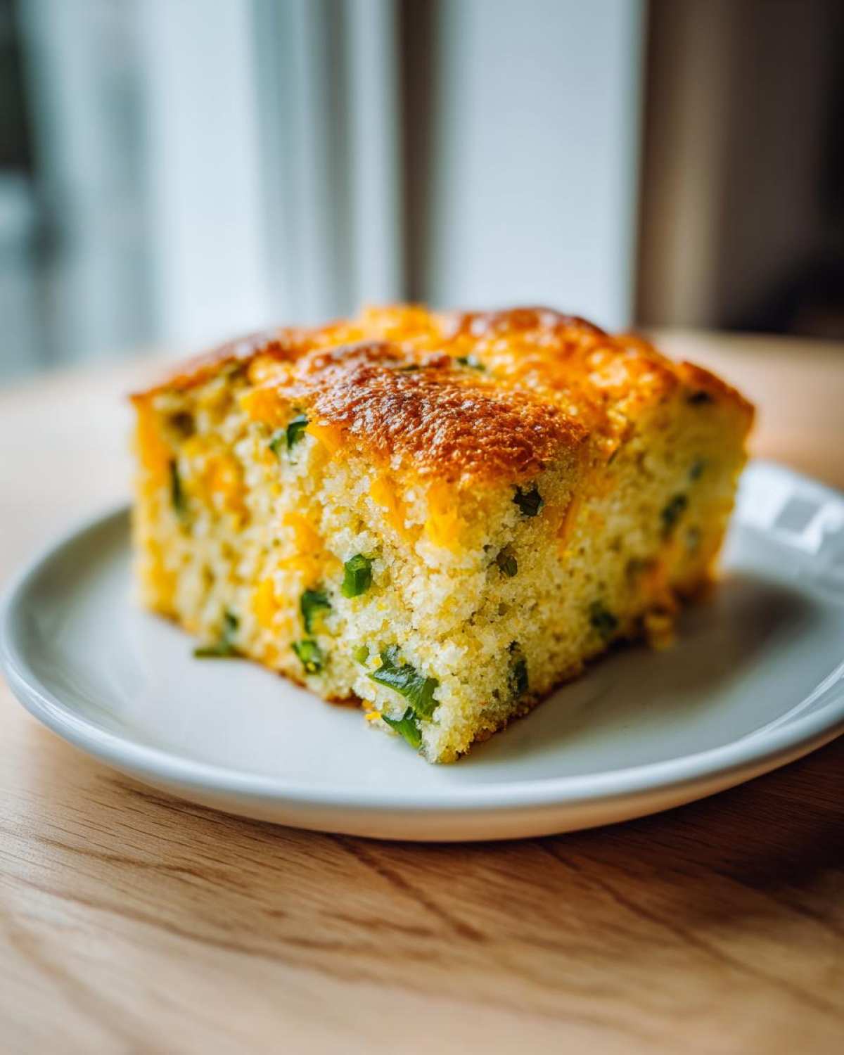 A close-up of a moist slice of mexican cornbread, topped with melted cheese and green onions, served on a white plate.