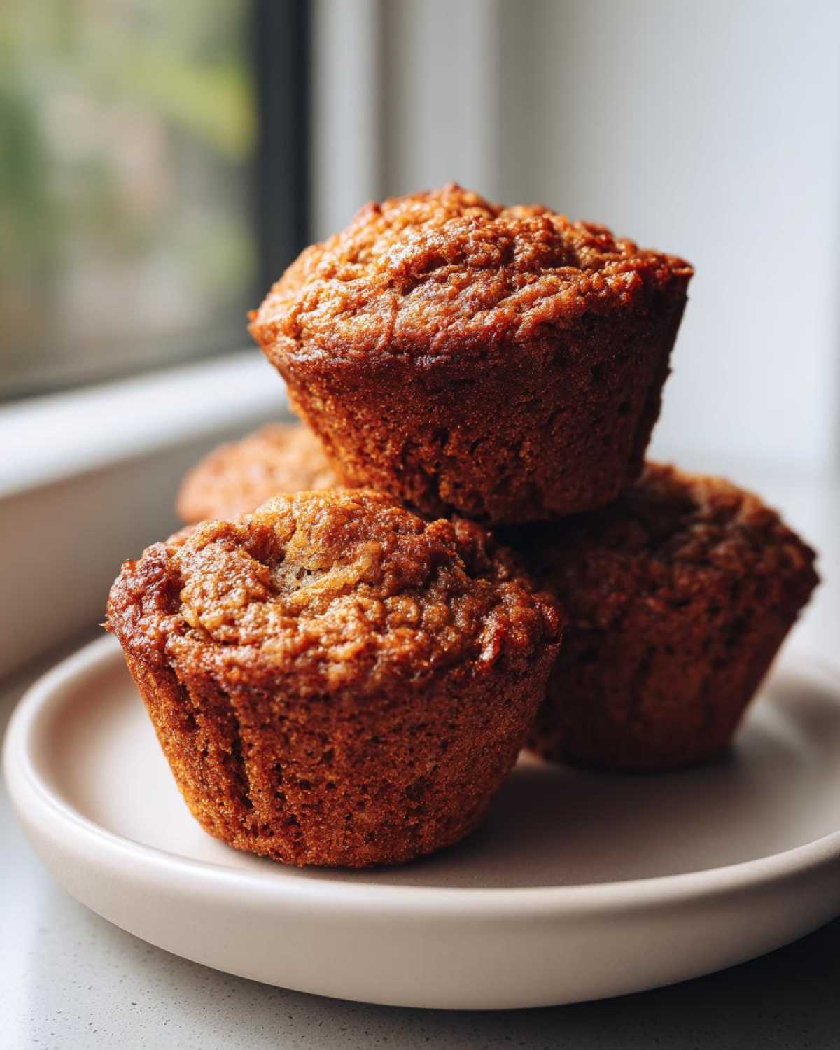 A close-up of three golden-brown, moist oatmeal muffins stacked on a light-colored plate near a window.