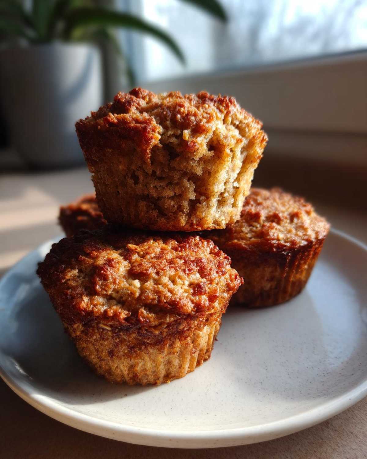 Close-up of three golden brown, moist oatmeal muffins stacked slightly on a light speckled plate near a window.