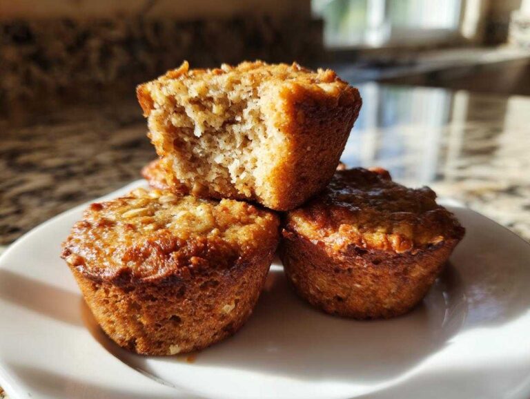 Close-up of three golden brown oatmeal muffins stacked on a white plate, one broken open showing the moist interior.