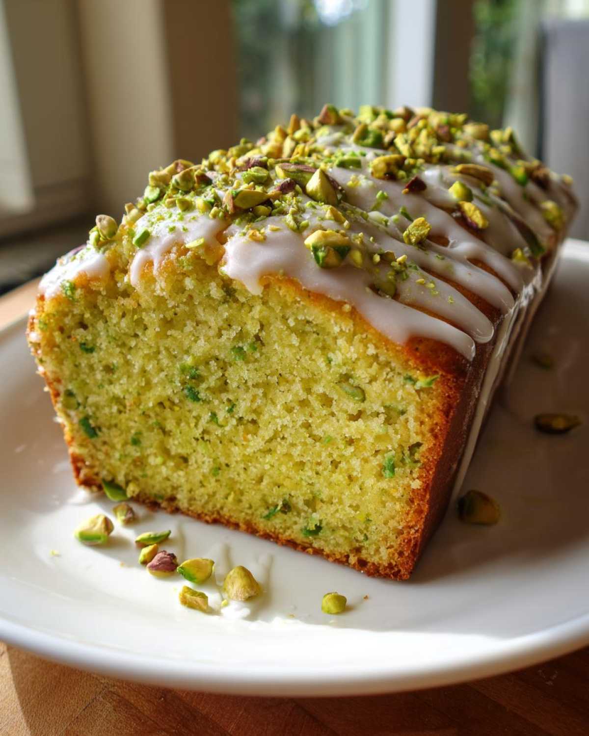 A close-up of a freshly baked pistachio bread loaf, drizzled with white icing and topped with chopped pistachios.