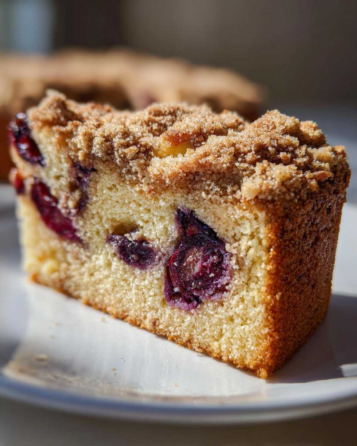Close-up of a moist slice of plum cake featuring baked-in purple plums and a generous cinnamon streusel topping.