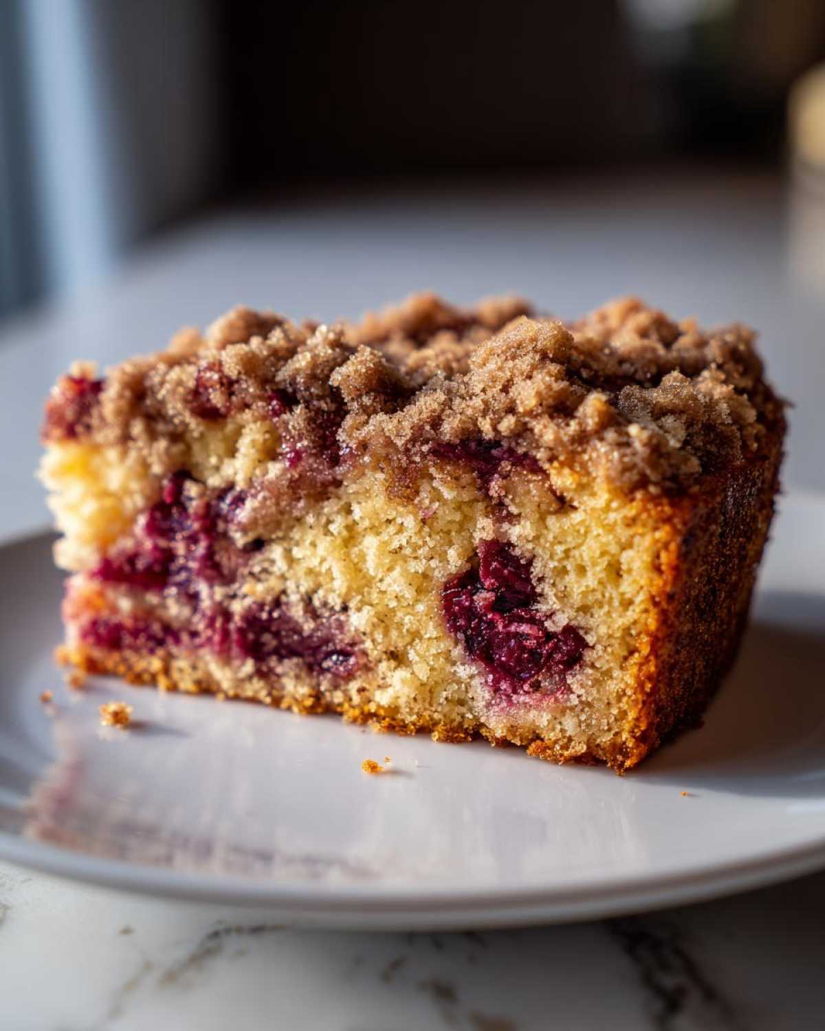 A close-up of a moist slice of plum cake featuring dark purple plums and a thick cinnamon streusel topping.