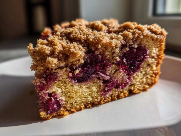 Close-up of a moist slice of plum cake featuring a golden crumb topping and rich purple plum filling.