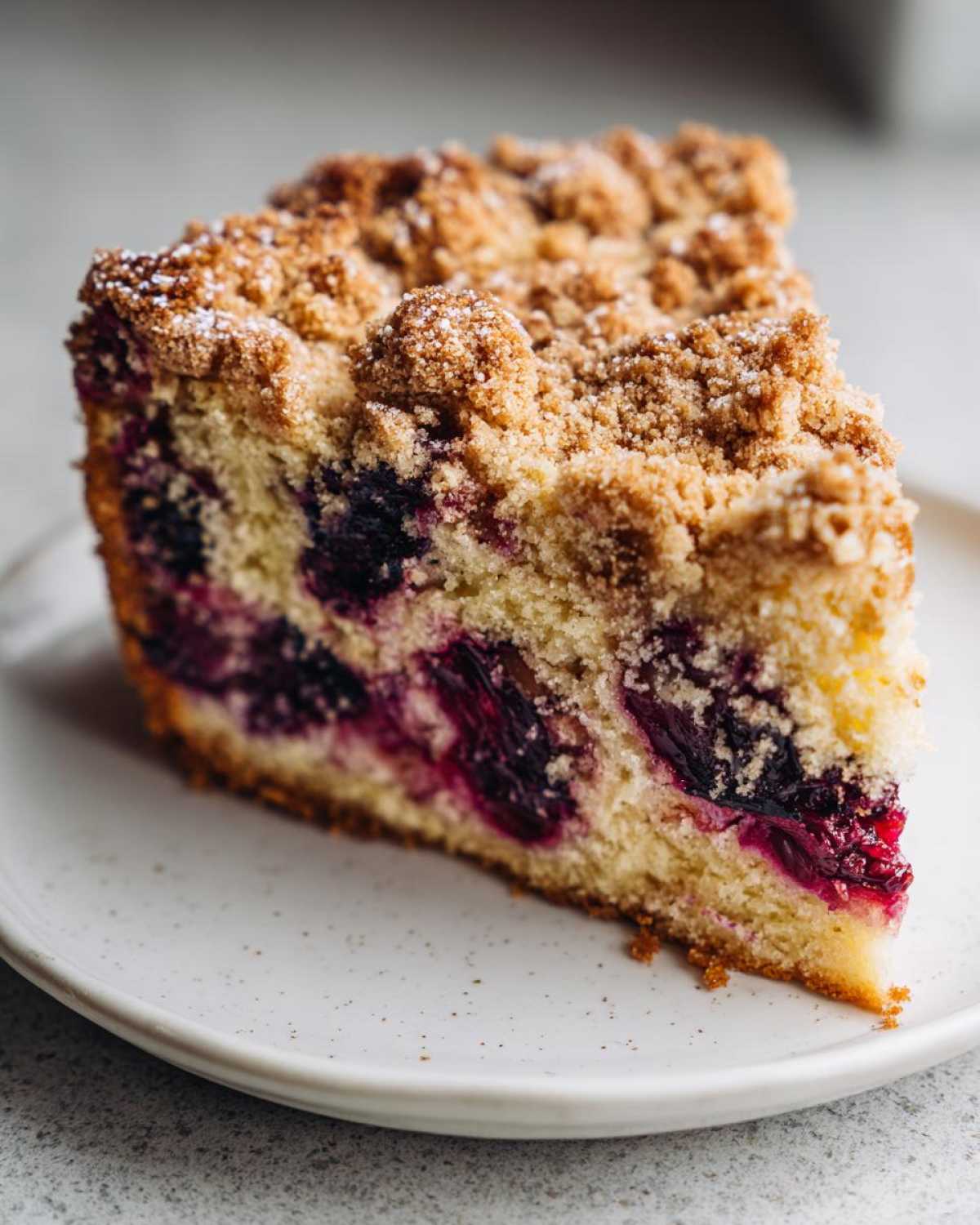 Close-up of a moist slice of plum cake featuring dark purple fruit baked into a yellow crumb cake base with a thick streusel topping.