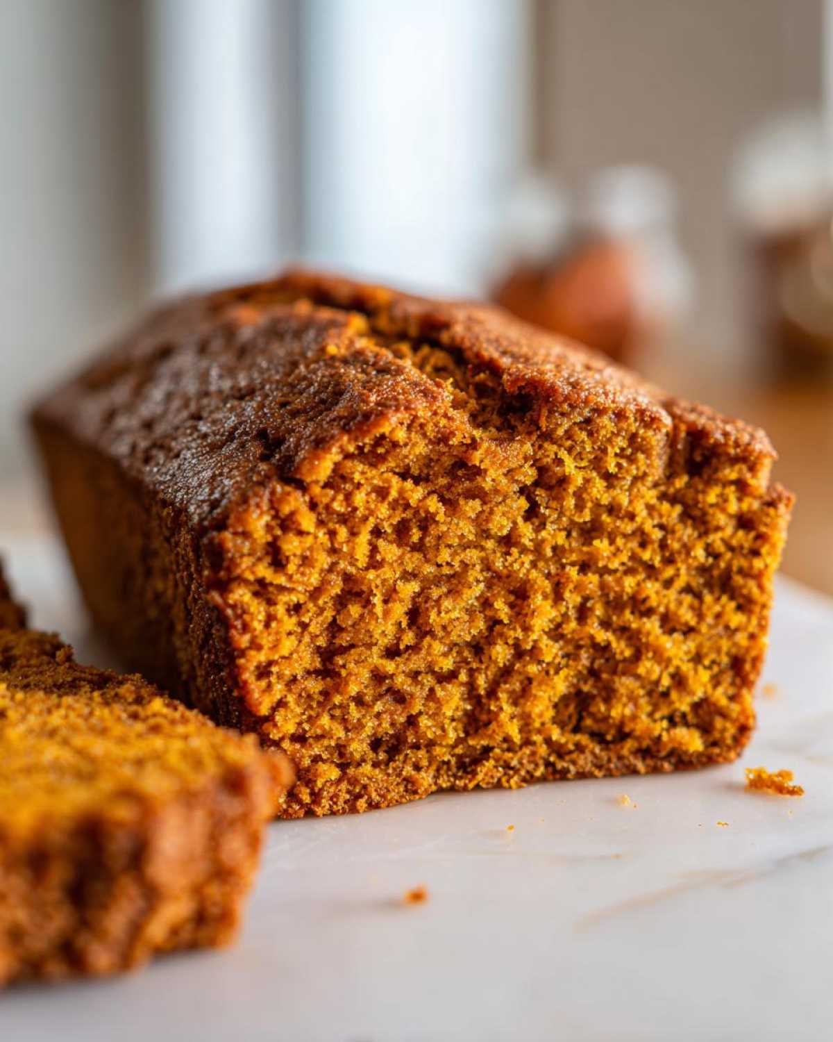 Close-up of a freshly baked, moist pumpkin bread loaf with a slice cut off, showing the rich orange crumb.
