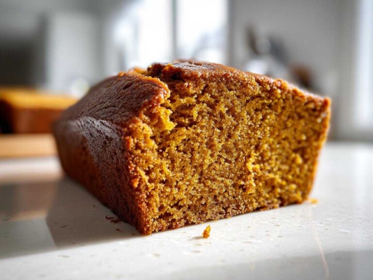 Close-up of the moist, textured interior crumb of a freshly baked pumpkin bread loaf.