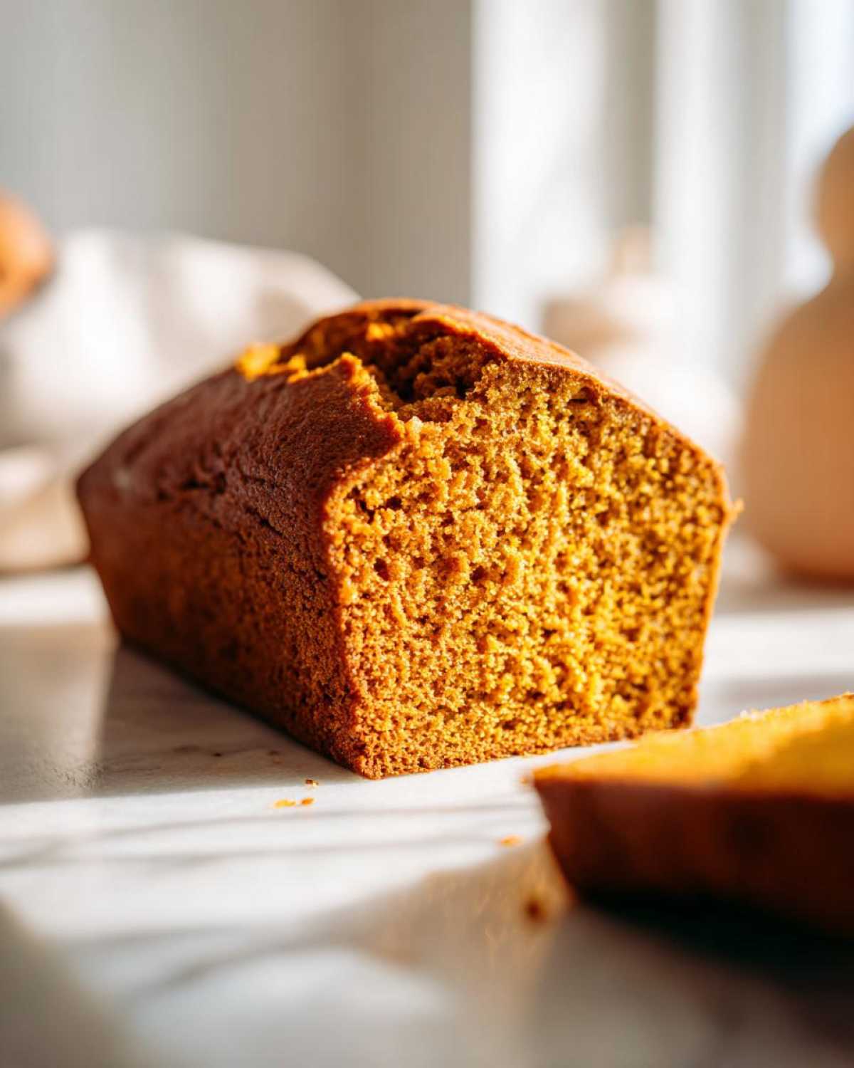 Close-up of a freshly baked, moist pumpkin bread loaf showing its rich orange crumb texture.