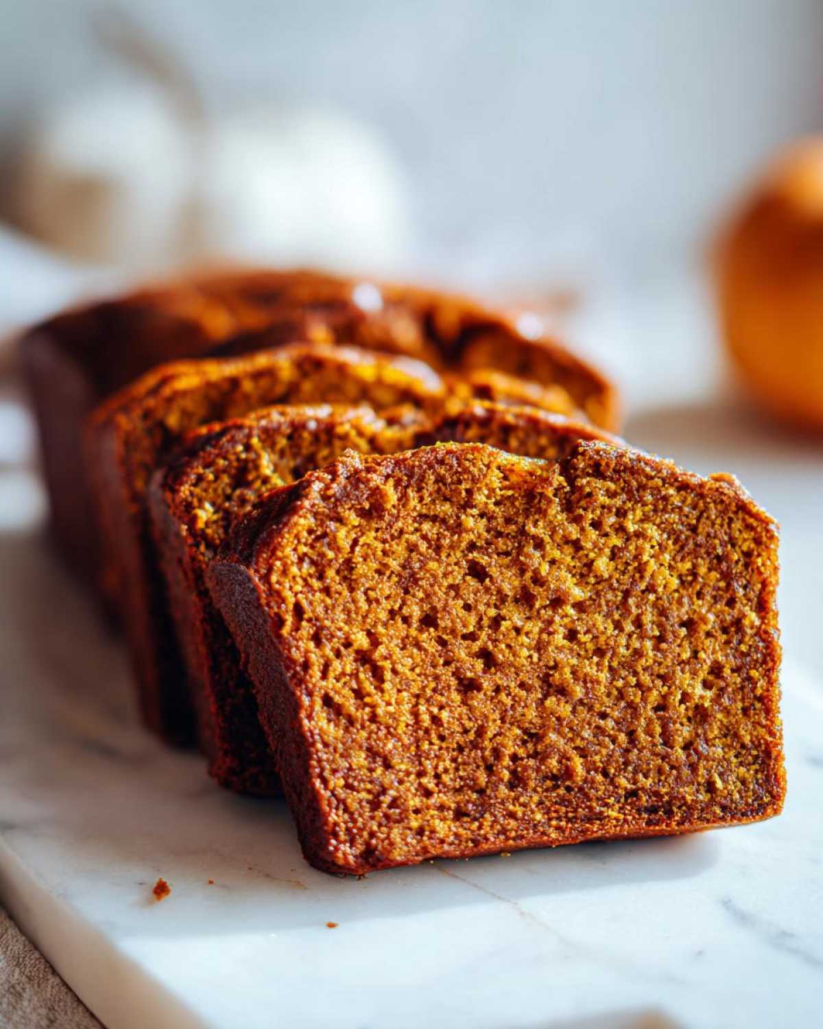 Close-up of several thick, moist slices of dark orange pumpkin bread lined up on a marble surface.