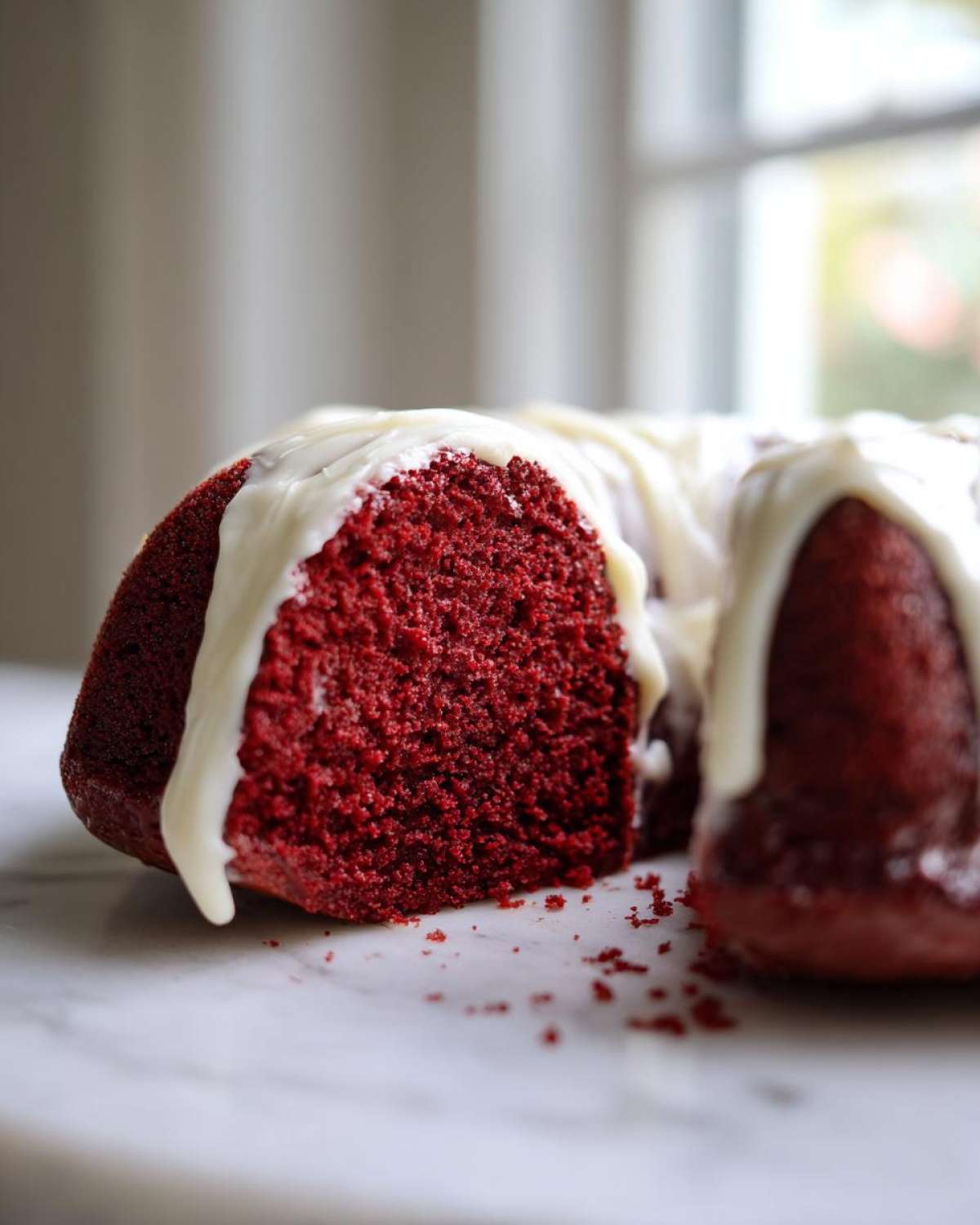 Close-up of a vibrant red velvet bundt cake topped with dripping white cream cheese frosting.