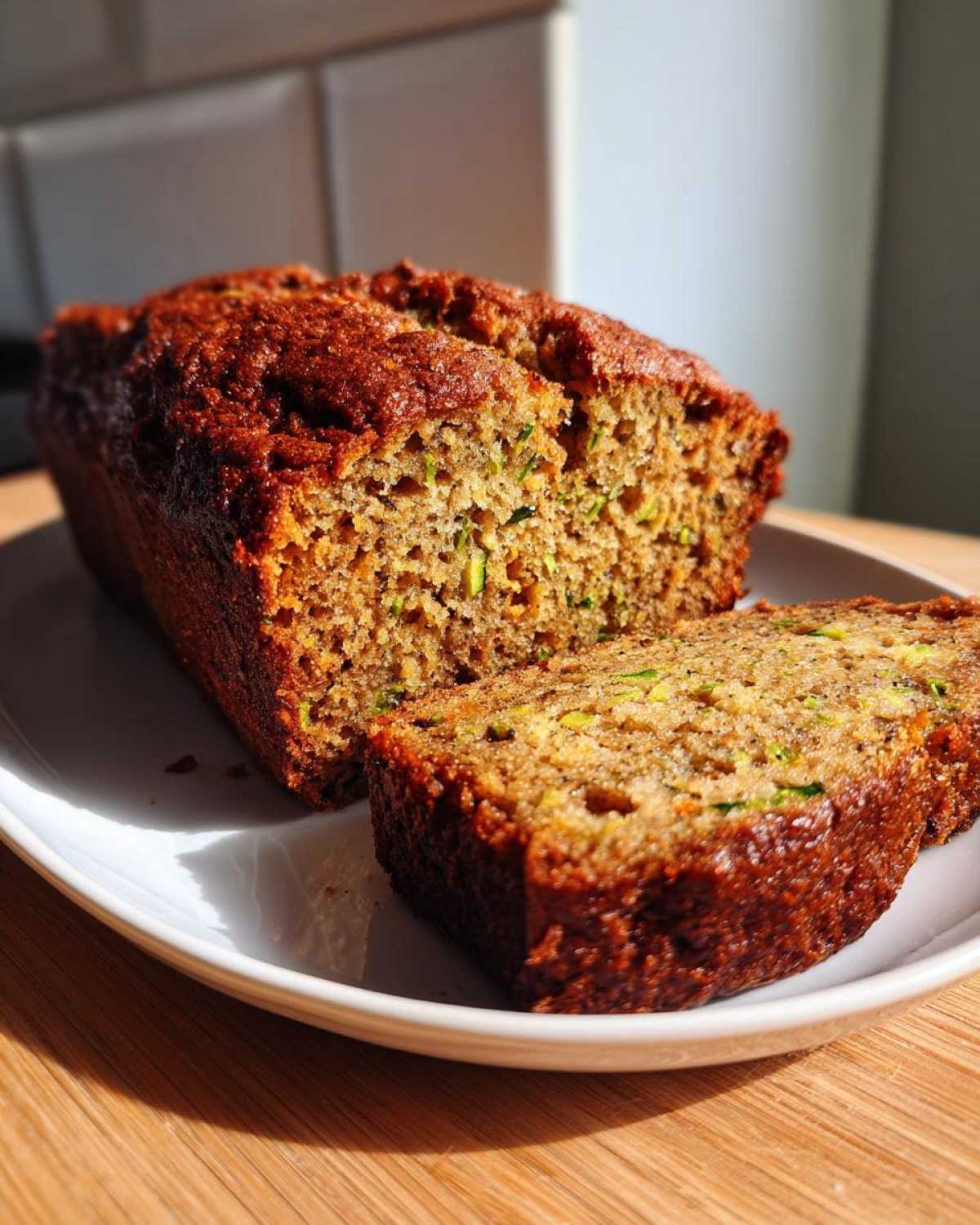 A freshly baked zucchini banana bread loaf, partially sliced, showing its moist texture and green zucchini shreds.