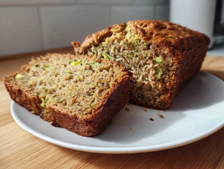 A moist loaf of zucchini banana bread, partially sliced, sitting on a white plate.
