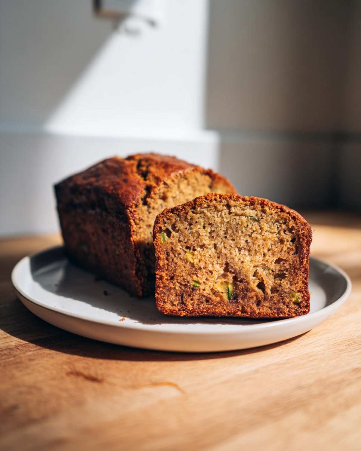 A close-up of a slice of moist zucchini banana bread next to the rest of the loaf on a light plate.