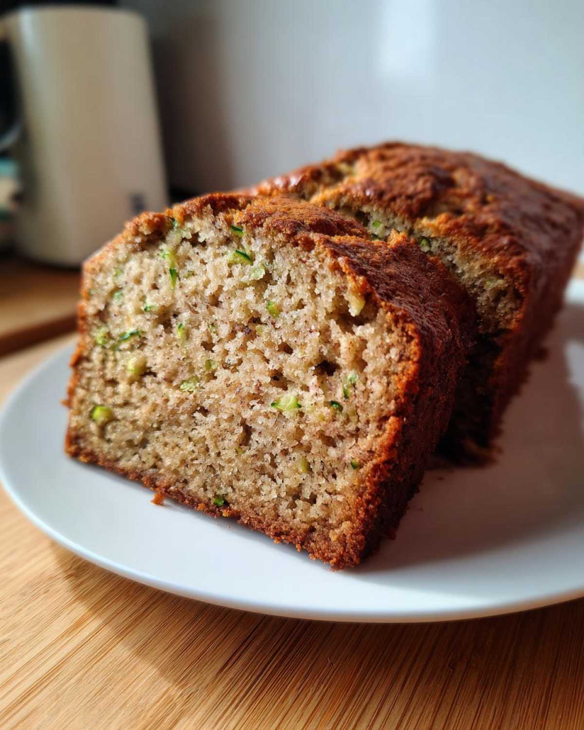 Close-up of two thick slices of moist zucchini banana bread showing green zucchini shreds in the crumb.