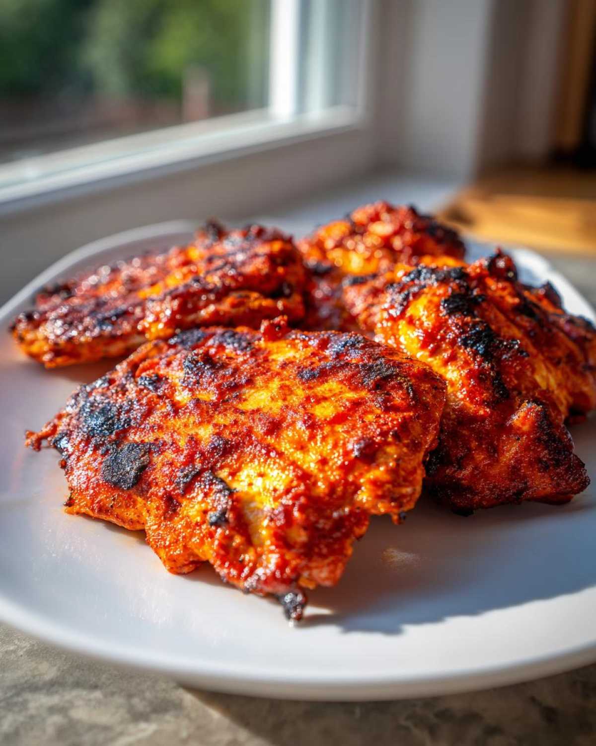 Close-up of grilled, bright red Nando's Peri Peri Chicken Copycat pieces resting on a white plate near a window.
