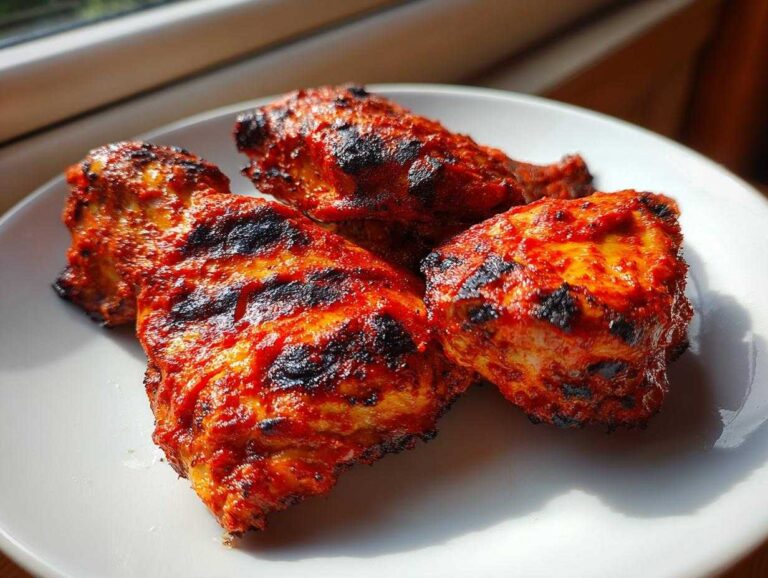 Nando’s Peri Peri Chicken Copycat: 1 Amazing Recipe Close-up of three pieces of spicy, grilled Nando's Peri Peri Chicken Copycat on a white plate.
