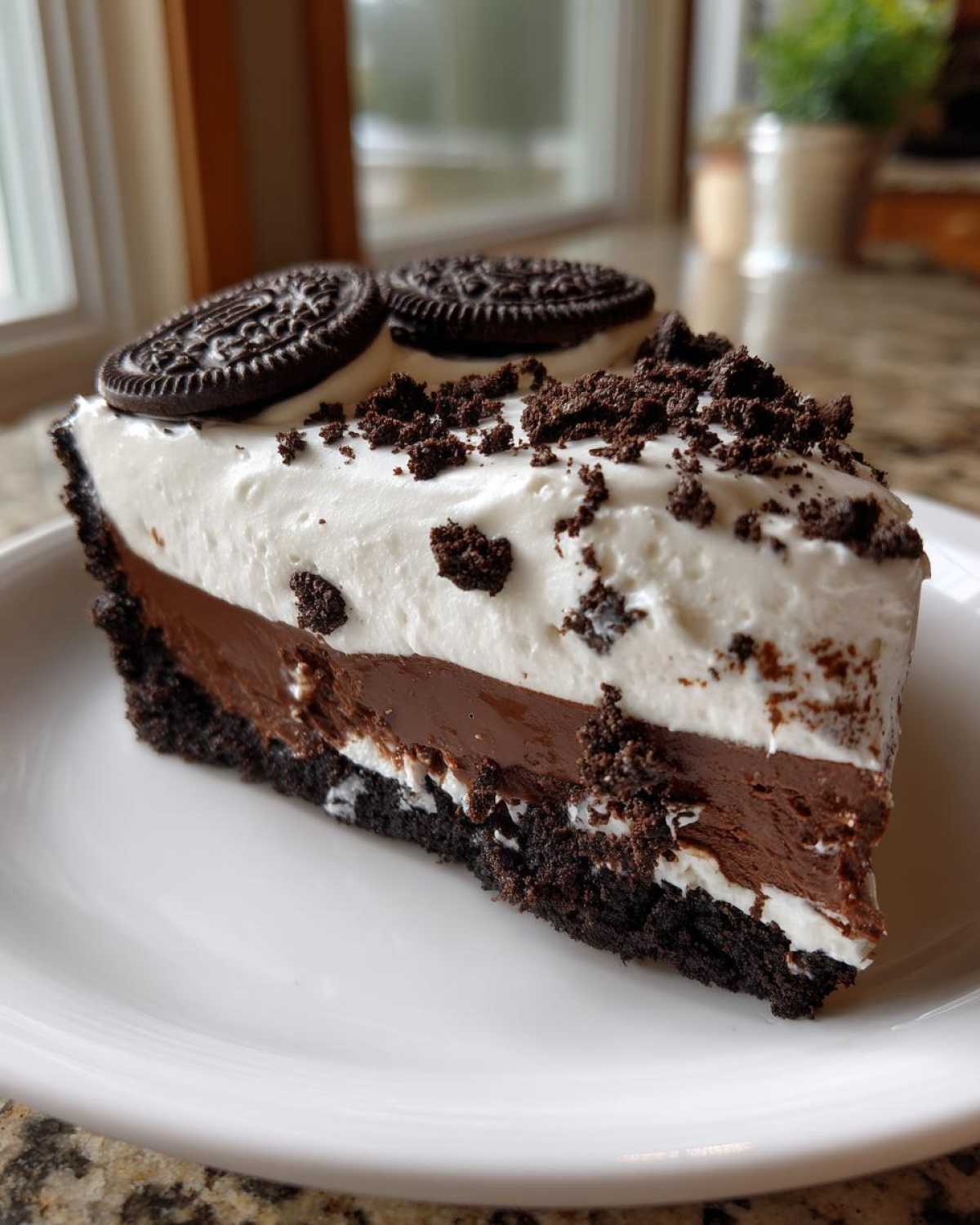 A perfect slice of no bake Oreo pie showing a dark crust, chocolate filling, and white whipped topping, garnished with cookie crumbs and whole Oreos.