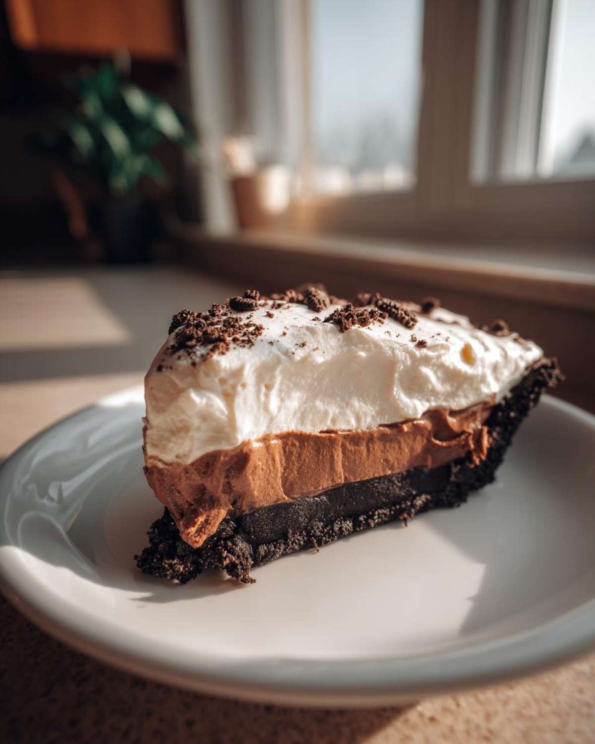 A perfect slice of no bake Oreo pie featuring a dark crust, chocolate filling, and whipped cream topping sprinkled with crumbs.